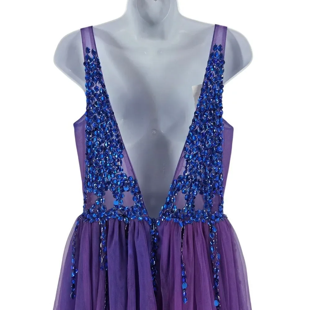 Elegant Purple Evening Gown With Blue Rhinestone Details